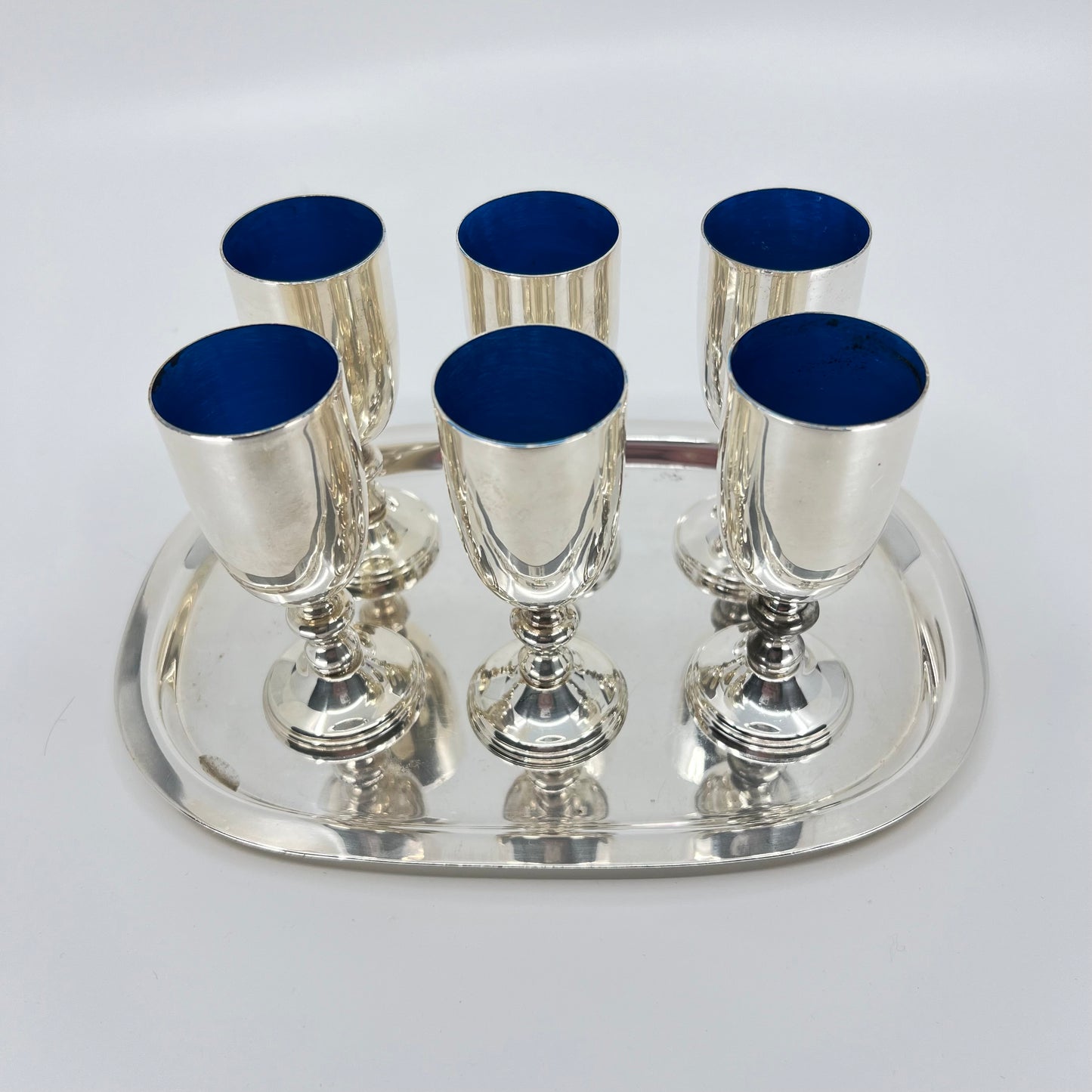 Silver and Blue Cordials (6) with Tray