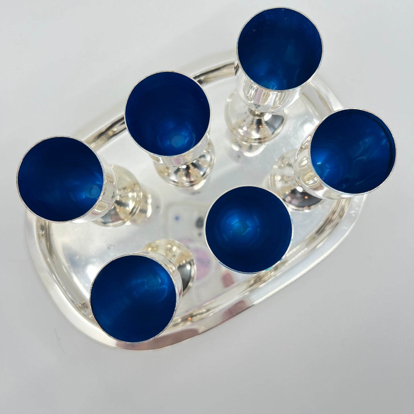 Silver and Blue Cordials (6) with Tray