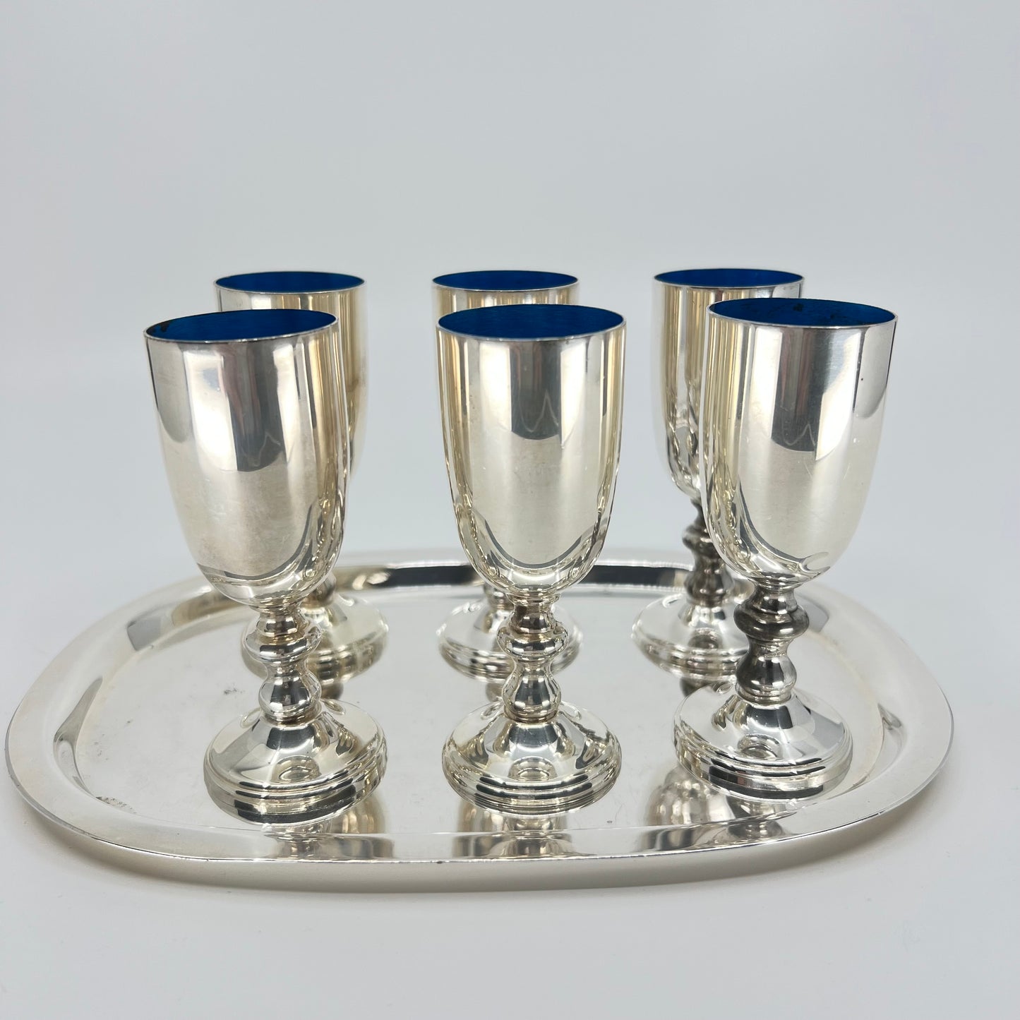 Silver and Blue Cordials (6) with Tray