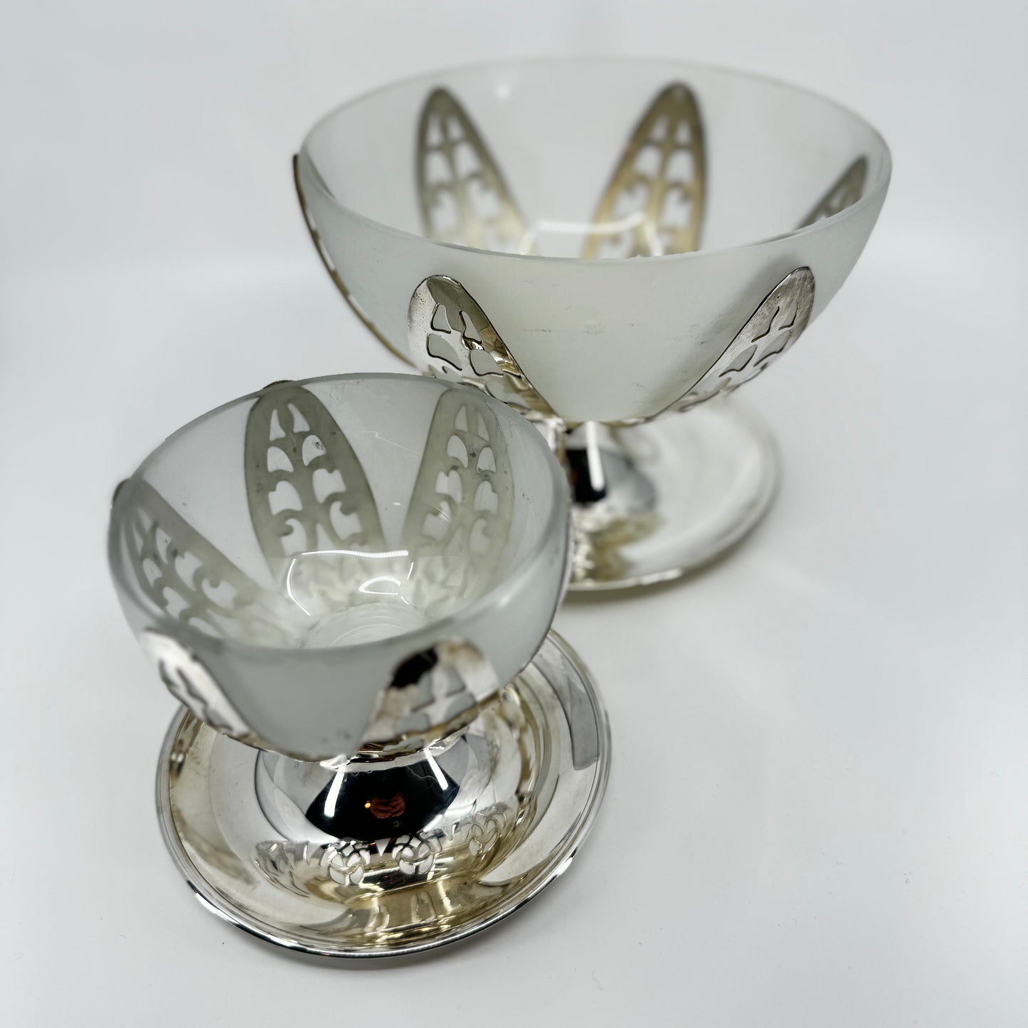 Silver and Frosted Glass Dessert Dishes (set of 8 + large bowl)