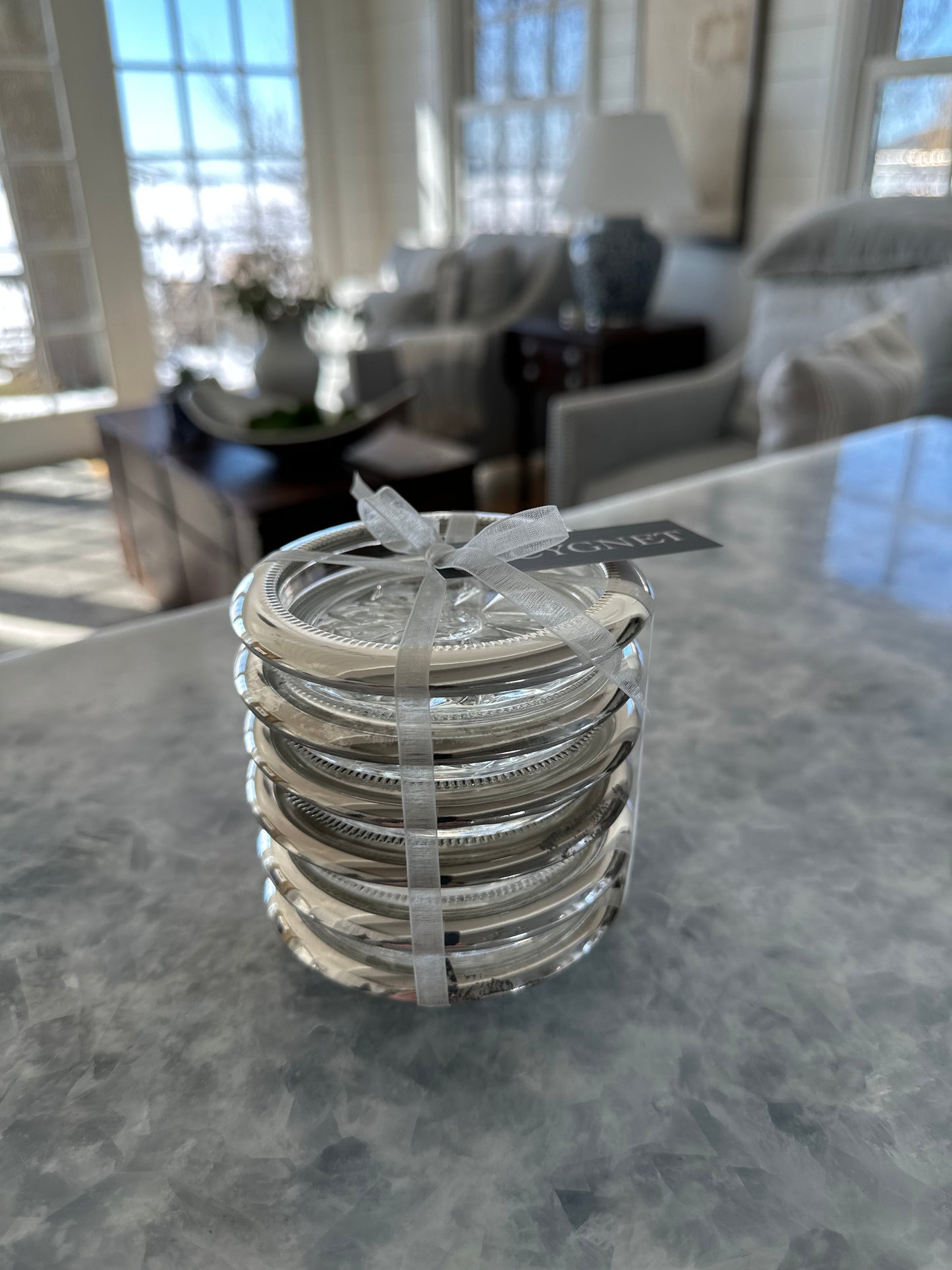 Silver Rimmed Glass Coaster Set